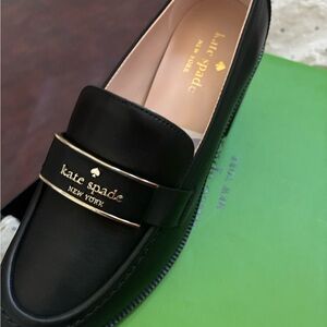 Kate Spade Black Leather Loafers with Gold Detail